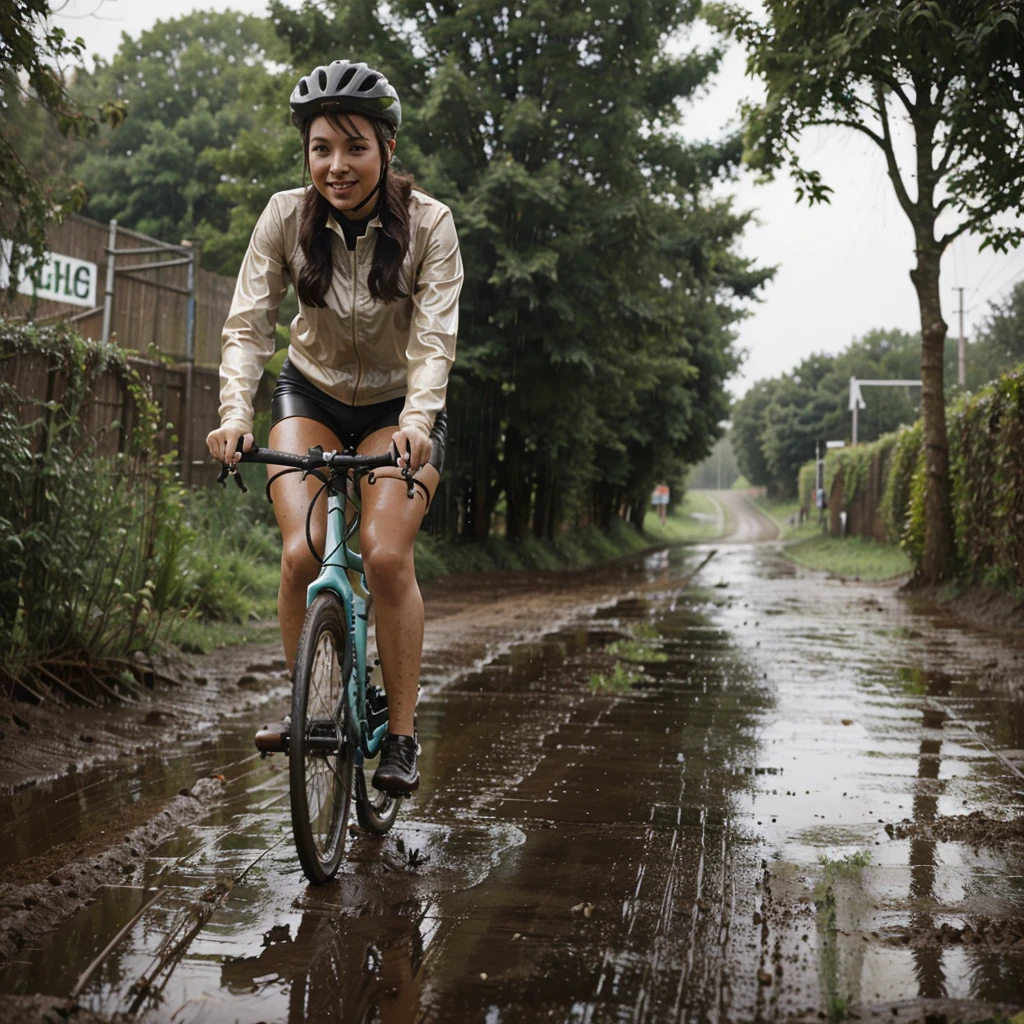 Young woman rides her racing bike in the pouring rain over a path full of muddy puddles