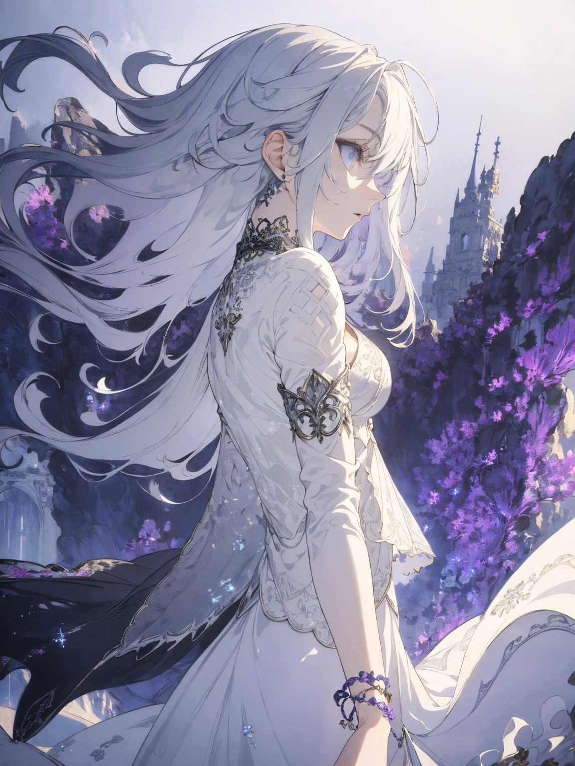 (Landscape photo, with a woman in the bottom right of photo:1.5, gray white background:1.5, fantasy), Masterpiece, best quality, (very detailed CG unity 8k wallpaper), (best quality), High definition RAW color art, Animation,sculptures, white Skin, (((Ultra detailed elegant))), Magical atmosphere, Detailed skin, Texture,(Intricately detailed, Fine detail, ultra-detail art), Silky Touch, Hyper Detail, beautiful eyes, elegant face, (upper body focus), silver hair, The wind is blowing, portrait, bracelet, pastel purple, enormous breast, gray clothing, Long Bangs, profile, Jersey