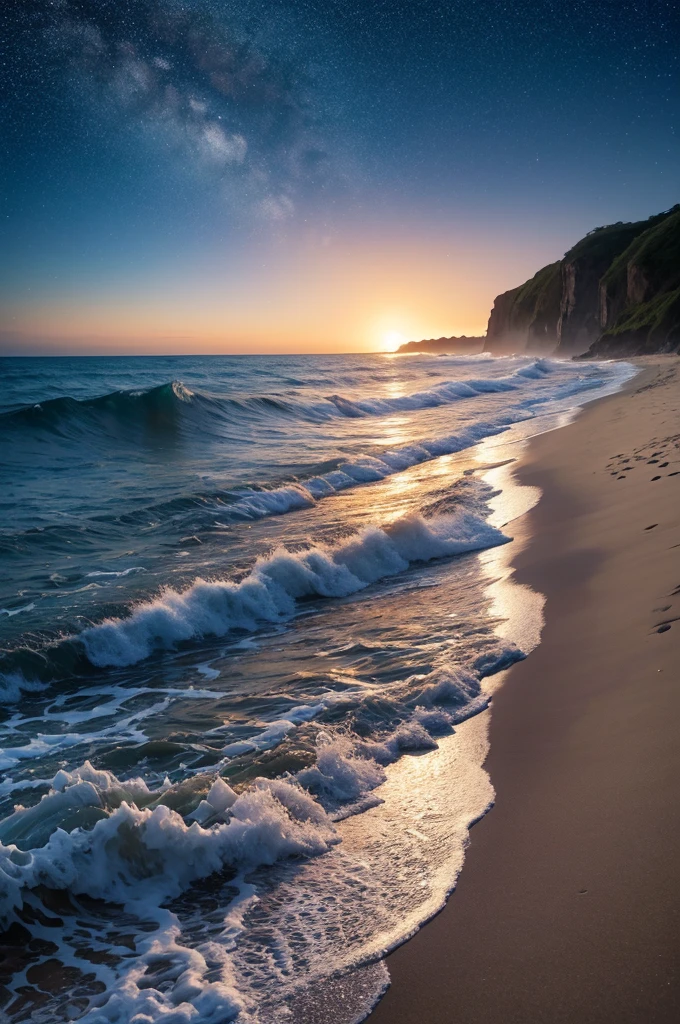 Crie uma praia, ondas do mar, espuma do mar, areia e conchas, starry sky, lua.