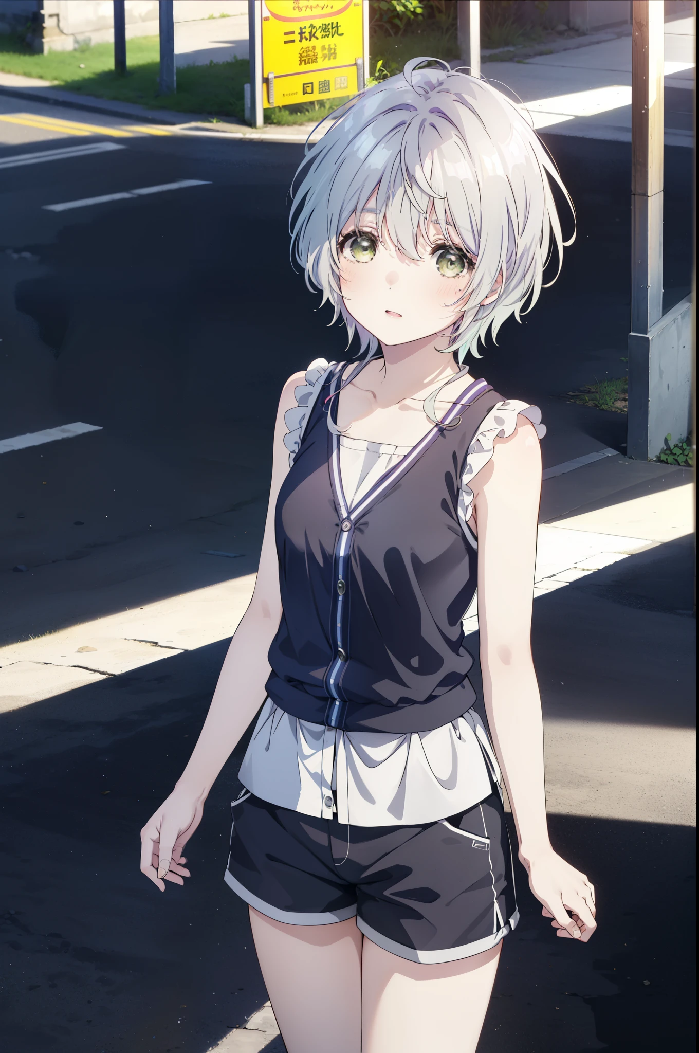 fuukakikuchi, fuuka kikuchi, １Girl Girl,short hair, bangs, Hair between the eyes, (Green Eyes:1.3), Gray Hair,Black cardigan　Front open,smile,blush,White vest,Red Tank Top,Shorts,Cute Sandals,whole bodyがイラストに入るように,Daytime,Clear skies,walking,
break outdoors, 海岸通り
break looking at viewer,whole body,Upper Body,(Cowboy Shot:1. 5)
break (masterpiece:1.2), highest quality, High resolution, unity 8k wallpaper, (shape:0.8), (Fine and beautiful eyes:1.6), Highly detailed face, Perfect lighting, Highly detailed CG, (Perfect hands, Perfect Anatomy),