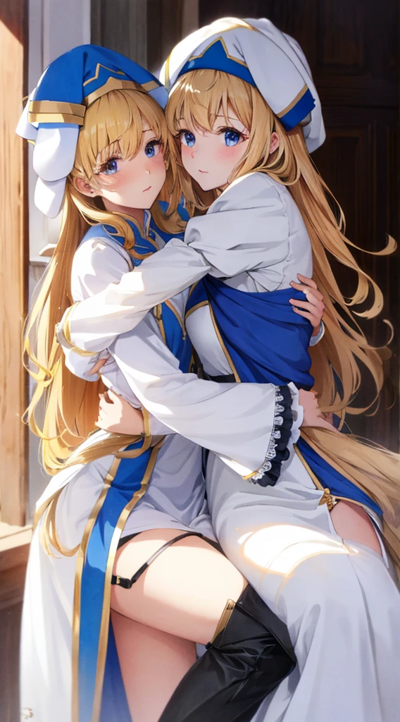 Best Quality,High resolution, Ultra-detailed,Game CG,Dutch Angle,Beautiful detailed eyes,Five Fingers,a beauty girl,priestess, Blonde hair, Blue eyes, Long hair, hair between eye,long boots, Dress, frilly sleeves, frilld, hat, White cap, pelvis curtain,high-heels, robe, Thigh boots, white thighhig, Long sleeves, Puffy sleeves,chies,outside of house,solo, 1girl, hug on kitten, light smile, hoodie, indoors