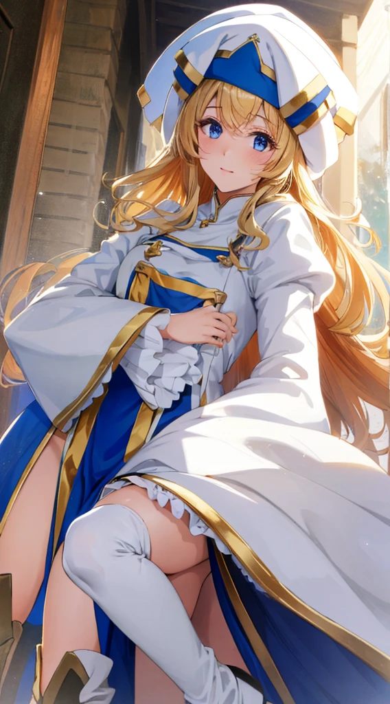 Best Quality,High resolution, Ultra-detailed,Game CG,Dutch Angle,Beautiful detailed eyes,Five Fingers,a beauty girl,priestess, Blonde hair, Blue eyes, Long hair, hair between eye,long boots, Dress, frilly sleeves, frilld, hat, White cap, pelvis curtain,high-heels, robe, Thigh boots, white thighhig, Long sleeves, Puffy sleeves,chies,outside of house,solo, 1girl, hug on kitten, light smile, hoodie, indoors