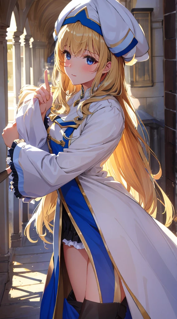 Best Quality,High resolution, Ultra-detailed,Game CG,Dutch Angle,Beautiful detailed eyes,Five Fingers,a beauty girl,priestess, Blonde hair, Blue eyes, Long hair, hair between eye,long boots, Dress, frilly sleeves, frilld, hat, White cap, pelvis curtain,high-heels, robe, Thigh boots, white thighhig, Long sleeves, Puffy sleeves,chies,outside of house,solo, 1girl, hug on kitten, light smile, hoodie, indoors