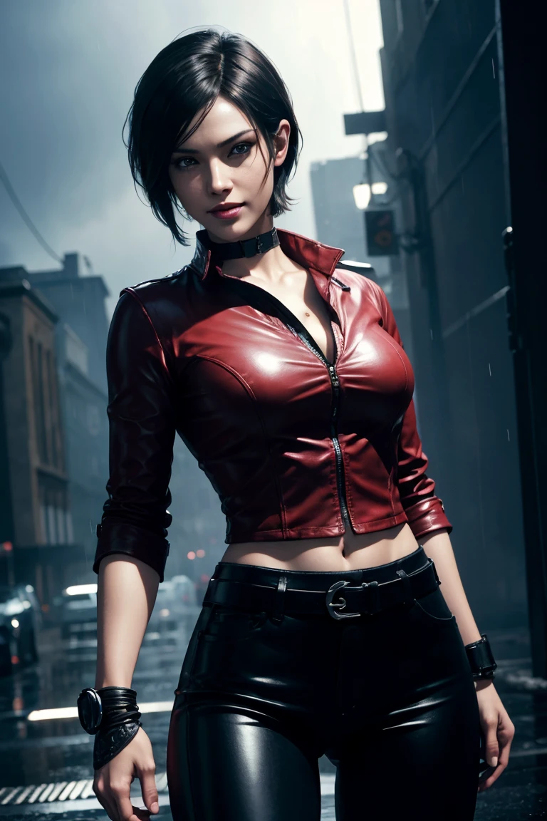 Resident Evil 6,Ada,Short Hair,Red Shirt,Stand up your collar,Black Leather Pants,Photorealistic,Ultra HD,high quality,masterpiece,Digital SLR,Detailed details,Intricate details,Anatomical basis,Depicted in detail,A detailed face,Realistic skin texture,Vivid details,Perfect Anatomy,Perfect Anatomy,Anatomically correct hand,Anatomically correct fingers,Super Detail,Complex 3D rendering,Sexy pose,Beautiful morning glory(flower),Rainy Sky,Beautiful scenery,Fantastic rainy sky,Picturesque,Pink Lips,smile,Fantastic butterflies々,