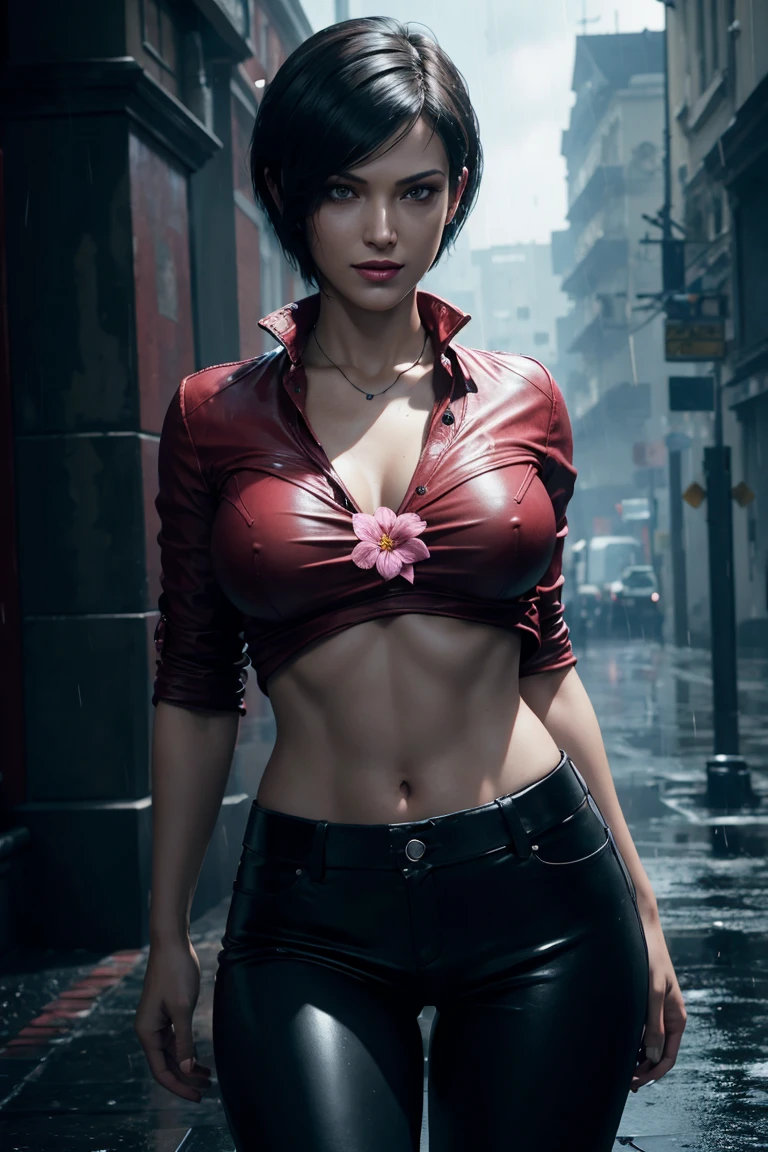 Resident Evil 6,Ada,Short Hair,Red Shirt,Stand up your collar,Black Leather Pants,Photorealistic,Ultra HD,high quality,masterpiece,Digital SLR,Detailed details,Intricate details,Anatomical basis,Depicted in detail,A detailed face,Realistic skin texture,Vivid details,Perfect Anatomy,Perfect Anatomy,Anatomically correct hand,Anatomically correct fingers,Super Detail,Complex 3D rendering,Sexy pose,Beautiful morning glory(flower),Rainy Sky,Beautiful scenery,Fantastic rainy sky,Picturesque,Pink Lips,smile,Fantastic butterflies々,