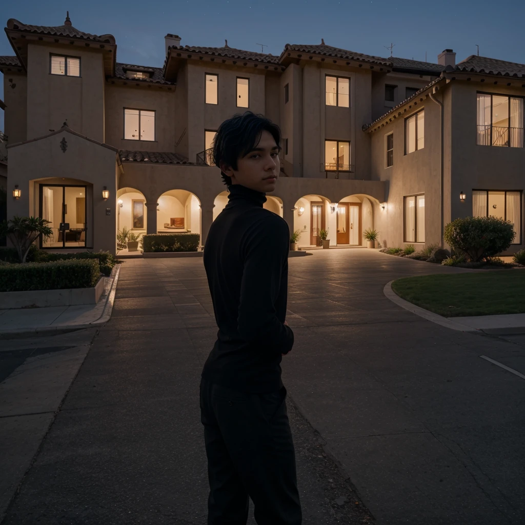 a boy with messy black hair facing his back wearing a black turtleneck outside a modern mansion overlooking los angeles at night