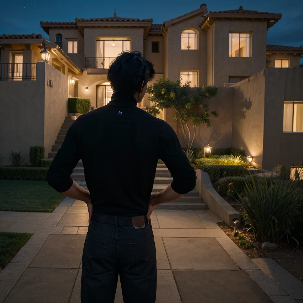 a boy with messy black hair facing his back wearing a black turtleneck outside a modern mansion overlooking los angeles at night