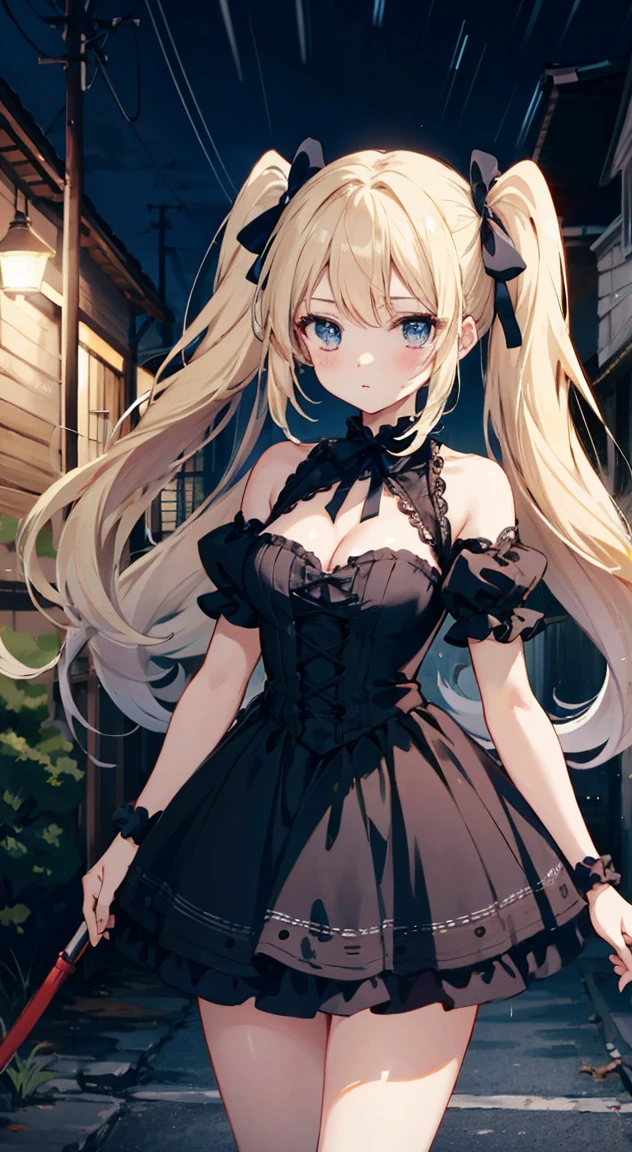 masterpiece, highest quality, (anime screencap:1.3),(shape), cute,(simple:1), (anime:1.2),Solo Sharp Focus, 1 girl, cleavage,looking at the viewer, Japan,nighttime,gold hair,((mini skirt)),Are standing, twin tails,summer ,((Black Gothic Costume)),red ribbon,dark gothic,abandoned house,ta fashion,hair ribbon,cowboy shot,in the nighttime,Fullmoon,rainy days,umbrella,puffy eyes,ruin,