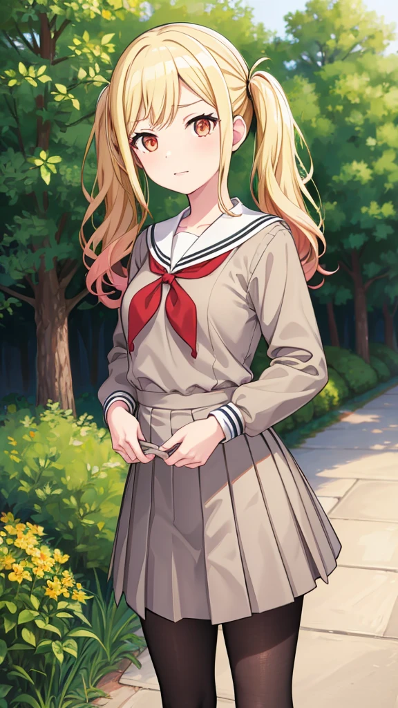 masterpiece, best quality, highres, 1girl, solo, ichigaya arisa, twintails, x hair ornament, , pleated dress, pantyhose, tenmasaki, shirt, long sleeves, twintails , sidelocks, pleated skirt, hairband, serafuku, sailor collar, side ponytail, sweater, neckerchief, eyelashes, buttons, swept bangs, wavy hair, red neckerchief,  grey skirt, white sailor collar, orange bow, happy, cowbow shot, outdoors, forest