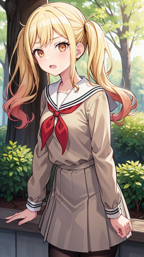 masterpiece, best quality, highres, 1girl, solo, ichigaya arisa, twintails, x hair ornament, , pleated dress, pantyhose, tenmasaki, shirt, long sleeves, twintails , sidelocks, pleated skirt, hairband, serafuku, sailor collar, side ponytail, sweater, neckerchief, eyelashes, buttons, swept bangs, wavy hair, red neckerchief,  grey skirt, white sailor collar, orange bow, happy, cowbow shot, outdoors, forest