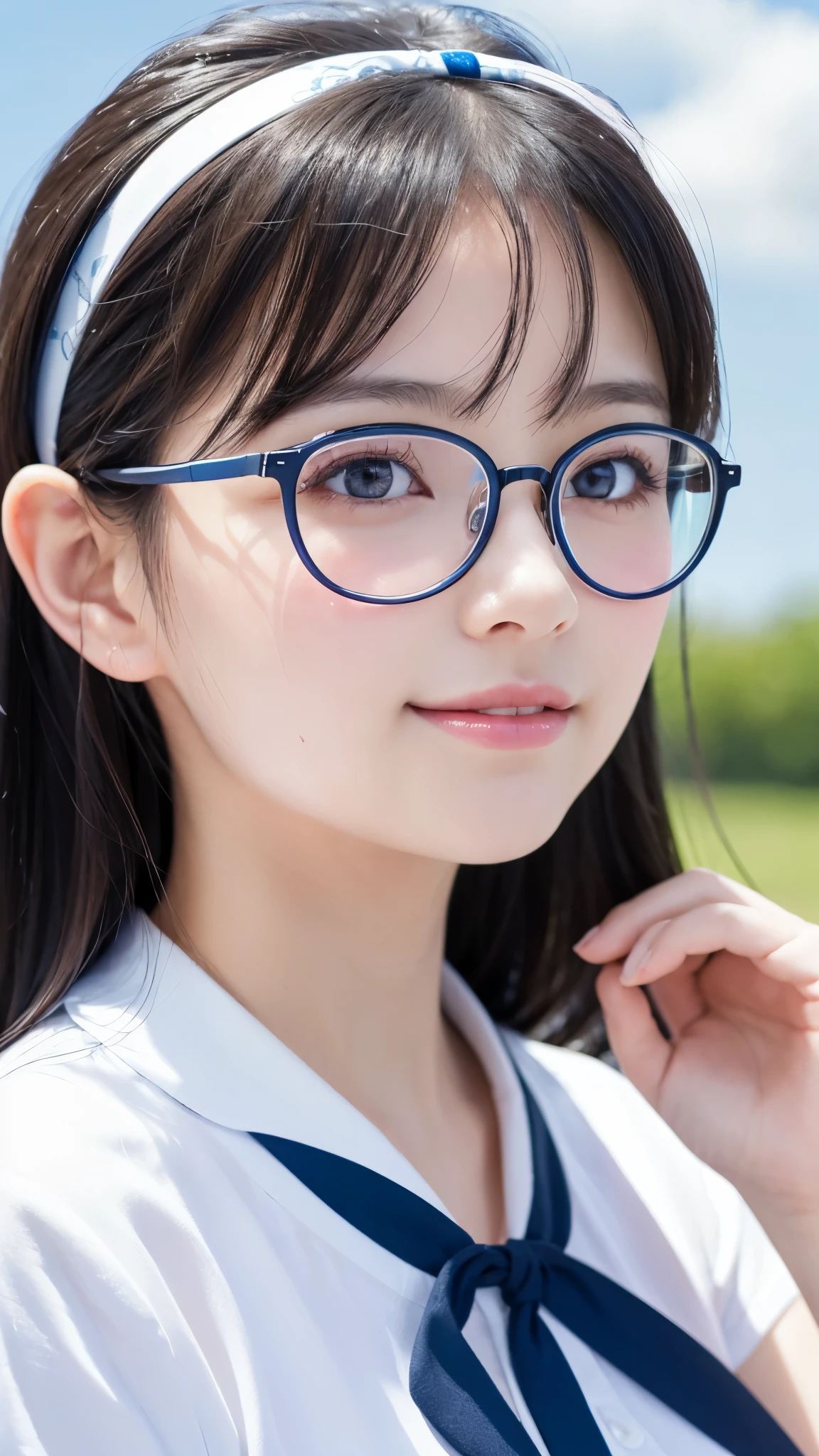 girl, Blue sky and white clouds, Wearing silver glasses, Happy, Happy, Reddish cheeks, Black Hair, Wearing a pink ribbon headband, Perfect quality, Clear focus (Clutter - Home: 0.8), (masterpiece: 1.2) (Realistic: 1.2) (Bokeh) (highest quality) (Detailed skin: 1.3) (Intricate details) (8k) (Eye for detail) (Sharp focus), (Happy)