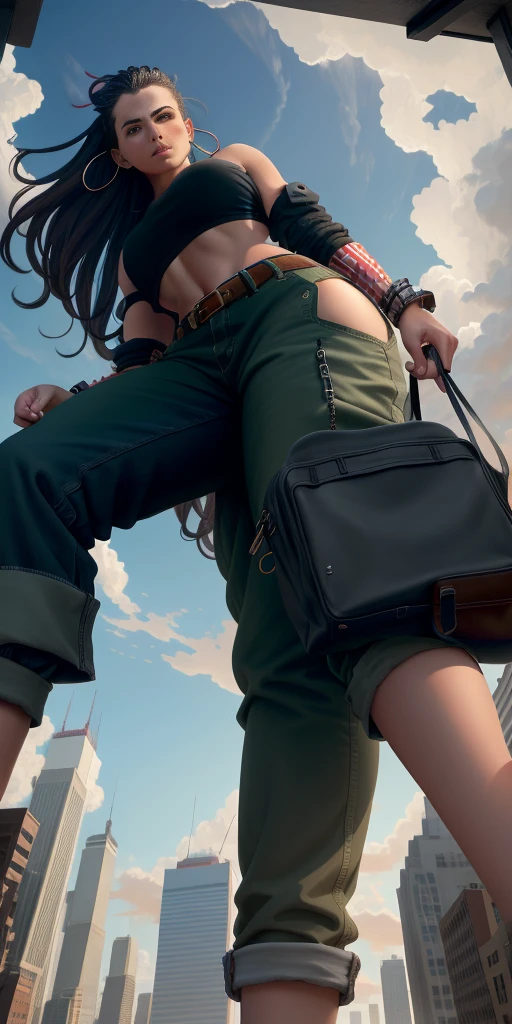 "A towering Giantess in a cool and laid-back hippie style is rocking a crop top and baggy pants. Her toned and athletic build hints at her massive strength. She seems to be casually strolling through the bustling cityscape of GTS City, as towering buildings loom overhead. Smoke and clouds roil around her, adding to the sense of epic scale and drama. The lighting is dark, gloomy, and realistic, creating a tense and ominous atmosphere. The perspective is from below, emphasizing the sheer majesty and power of the Giantess."