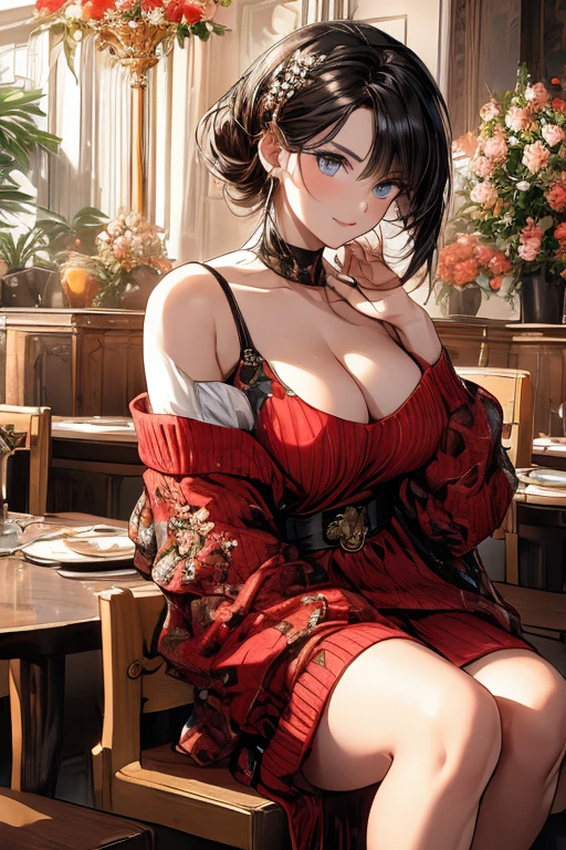 (((Masterpiece))),(((Super Detail))),(((in 8K))),(((best composition))),(((Rim lighting,Fireglow effect,deep shadow))),solo),Beautiful fingers,Detailed finger features,(Detailed hair features:1.7),(Dynamic and sexy bending pose:1.3),detailed facial features,detailed clothes features, (perky chest:1.1), (pointed chest:1.3), delicate beautiful face, Bright blue eyes, cute eyes, sparkling eyes, Big eyes, beautiful detailed eyes,double bun with glittering hair ornament:0.6,(super detailed glossy skin:1.3),slender body,goddess smile,((with sparkling eyes and a contagious smile)),beautiful posture,have a cup of coffee,black hair, red eyes, dress, bare shoulders, jewelry, collarbone, sidelocks, hairband, earrings, indoors, off shoulder, sweater, arms behind back, plant, short hair with long locks, white hairband, off-shoulder dress, sweater dress, off-shoulder sweater, red sweater, big side hair, very long side hair,(super delicate floral pattern:1.2),seductive cleavage:1.3,beautiful glossy legs,shiny red high heels,lifting dishes with cakesd,french restaurant,hustle and bustle,rising steam,(((depth of fields)))