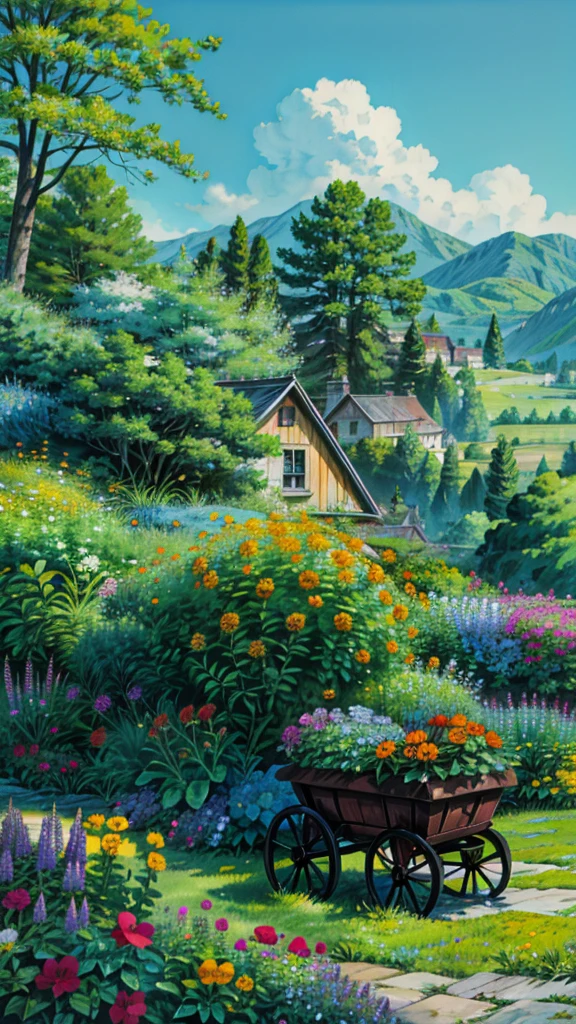 a garden with a wheelbarrow full of flowers, marigold background, garden with flowers background, with colorful flowers and plants, beautiful isometric garden, background of flowery hill, garden background, royal garden background, garden with flowers, background art, sunny day background, cottagecore flower garden, house background, garden landscape, flower garden, home and garden, 4k hd,, beautiful art uhd 4 k, a beautiful artwork illustration, beautiful digital painting, highly detailed digital painting, beautiful digital artwork, detailed painting 4 k, very detailed digital painting, rich picturesque colors, gorgeous digital painting
