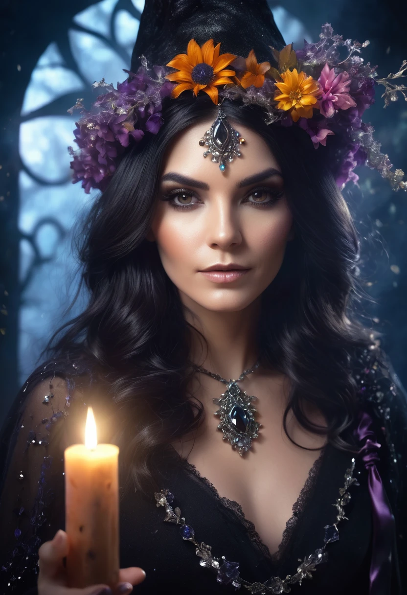 a beautiful woman WITCH WITH A CRYSTALS and flowers the Style-RustMagic, Aum, (atmosfera escura:1.2), (Mist & smoke), (noite escura:1.3), Cicatrizes, (shaggy medium length dark hair:1.1), (sombra:1.1), (brilho lindamente detalhado:1.2), (cinematic lighting), detalhe intrincado, high resolution,