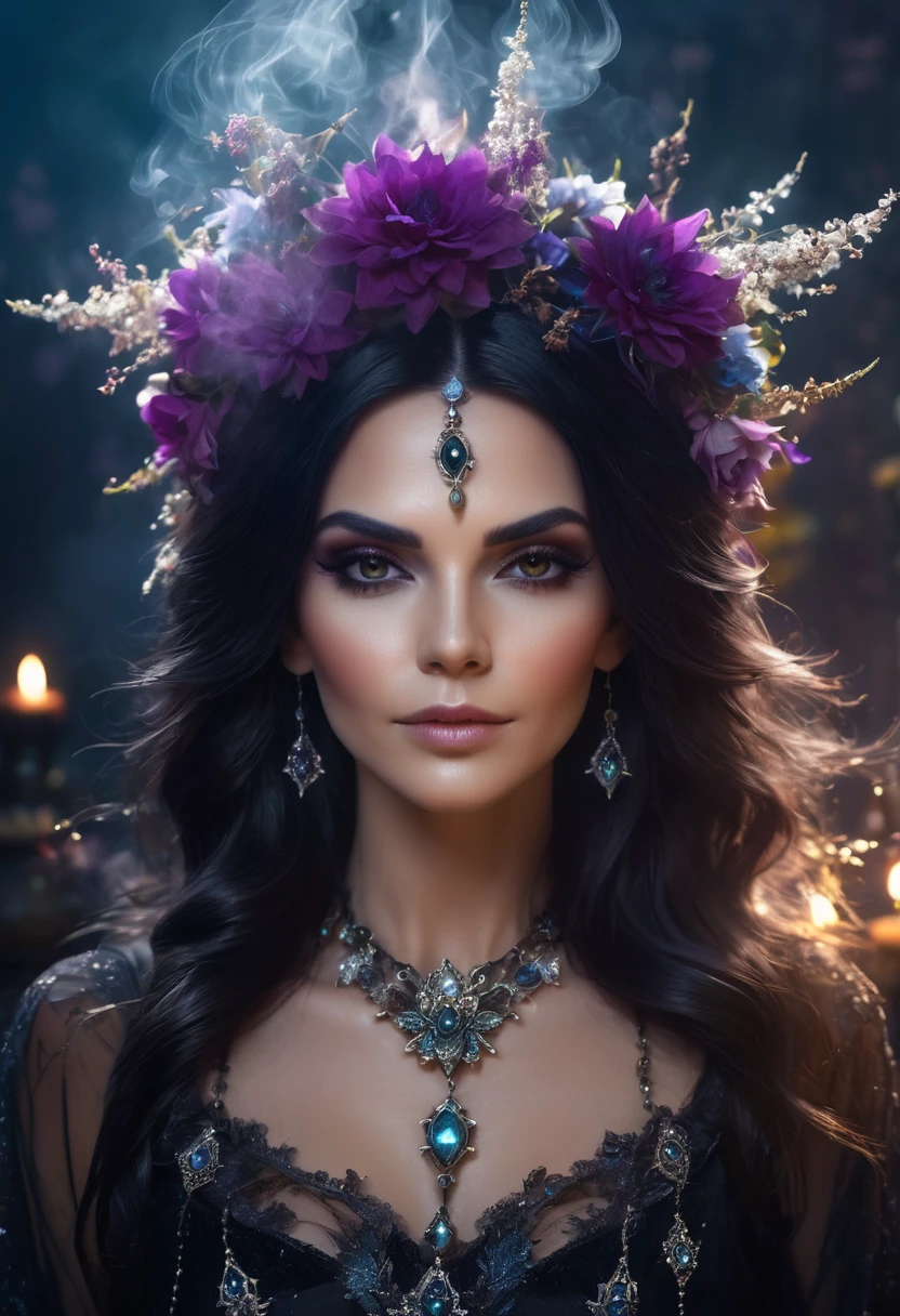 a beautiful woman WITCH  WITH A CRYSTALS and flowers the Style-RustMagic, Aum, (atmosfera escura:1.2), (Mist & smoke), (noite escura:1.3), Cicatrizes, (shaggy medium length dark hair:1.1), (sombra:1.1), (brilho lindamente detalhado:1.2), (cinematic lighting), detalhe intrincado, high resolution,