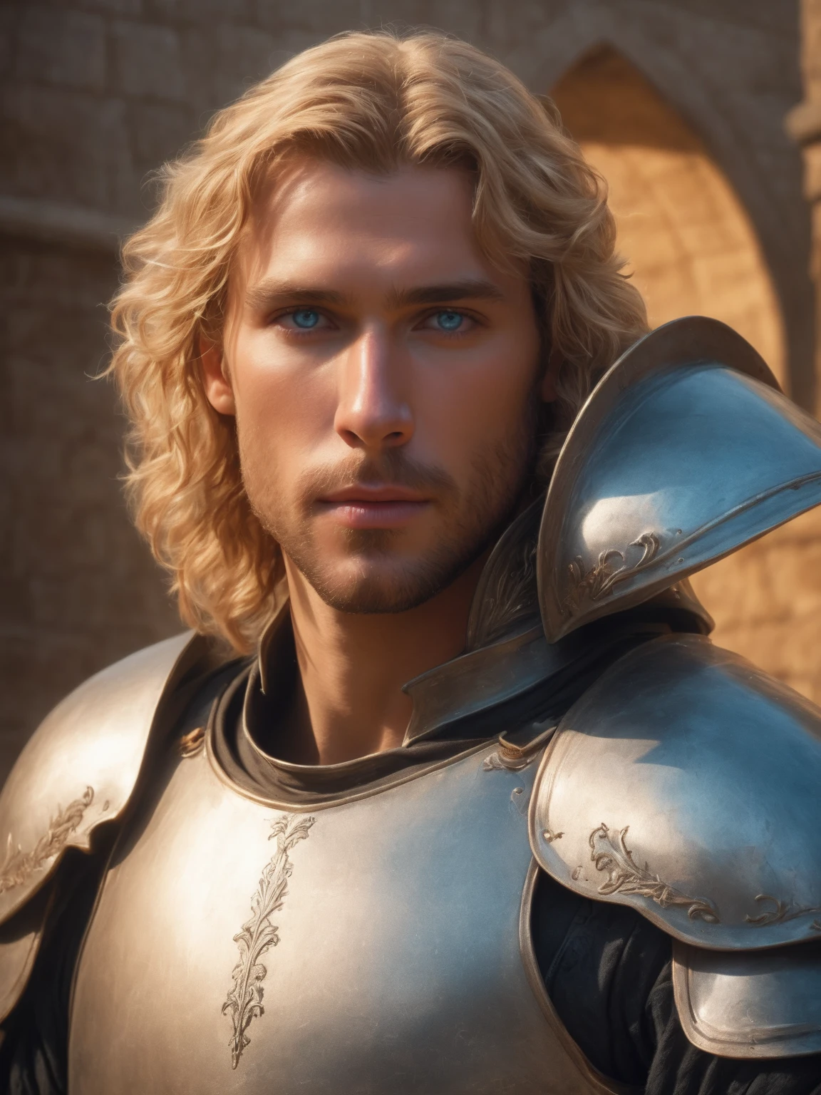 ((best quality),(masterpiece),(detailed),perfect face,a man with wavy blond hair and blue eyes,wearing armor, castle behind,beautiful,(cinematic),(dramatic lighting),(digital painting),(sharp focus),(photorealistic),(ultra-realistic),(hyper detailed),(epic),(fantasy),(cinematic composition),(heroic pose),(dramatic), (perfect eyes)