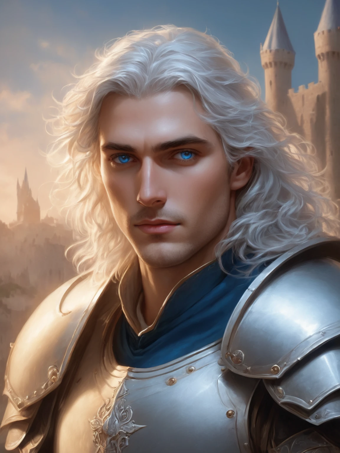 ((best quality),(masterpiece),(detailed),perfect face,a man with wavy white hair and blue eyes,wearing armor, castle behind,beautiful,(cinematic),(dramatic lighting),(digital painting),(sharp focus),(photorealistic),(ultra-realistic),(hyper detailed),(epic),(fantasy),(cinematic composition),(heroic pose),(dramatic), (perfect eyes)