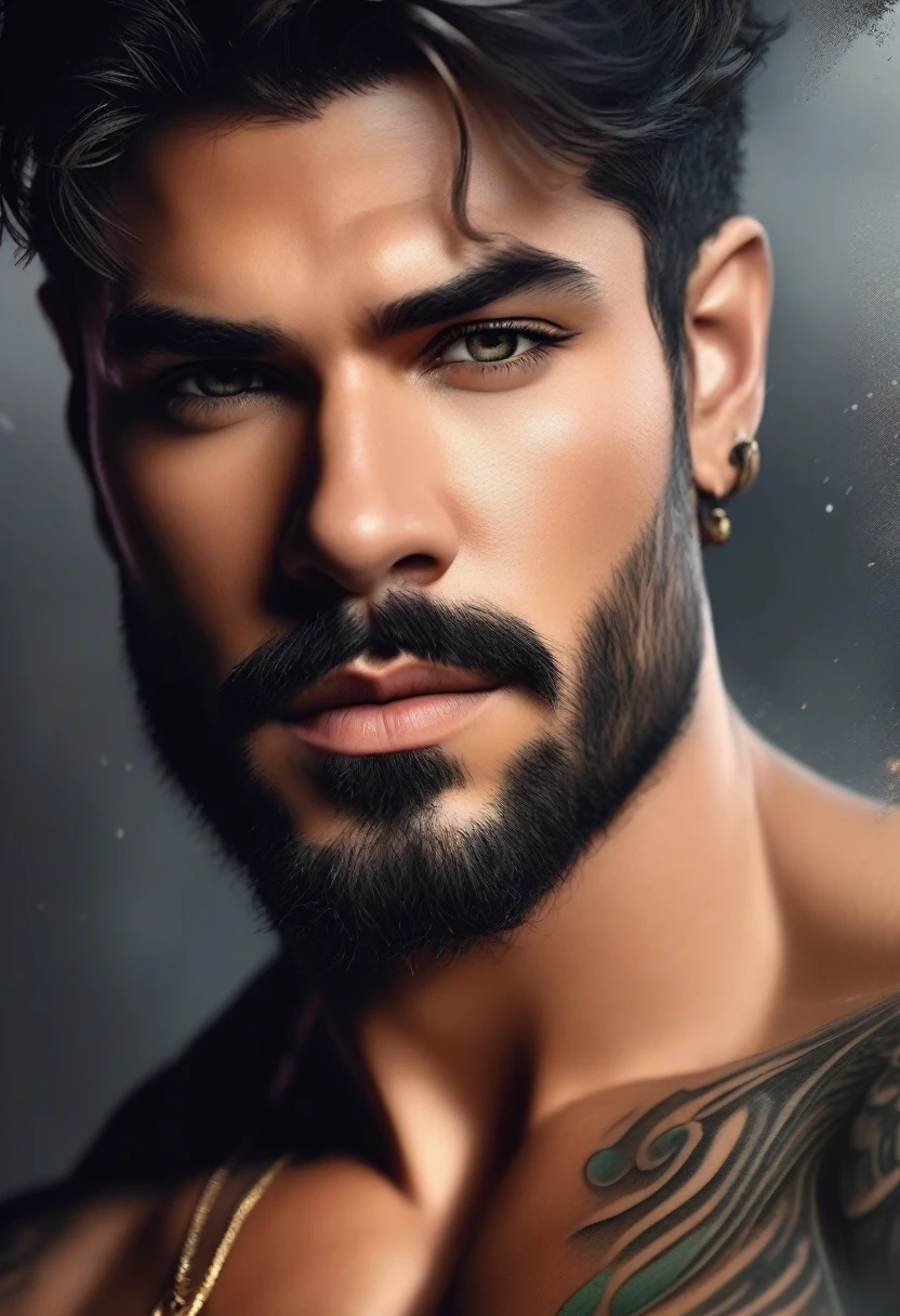 ~*~Breathtaking~*~ Cinematic realistic close-up shot in a movie scene, vibrant and highly detailed cores presented in cinemascope, creating a moody atmosphere. head close-up, front camera, handsome man, ritualistic (neck tattoo: 1.3), (incredibly detailed: 1.5), ((Alone)), Illustrated, hand-drawn, full-color movie poster of a masculine man, 28 years old, ruddy skin, stocky physique, soft belly, slightly chubby, deep brown eyes, wide bulbous nose, full lips, black hair, curly hair, eyebrows thick and bushy, extremely hairy chest, stomach and arms, lots of body hair, hard shadows, graphite shading, stencil markings, airbrushed acrylic paint, masterpiece,muscular man, in underwear, ((full body: 1.7)), (short black hair: 1.1), (muscular), by Jeremy Mann, by Sandra Chevier, by maciej kuciara, smoke and shadow, night, Sharp, ((Perfect body)), realistic, real shadow, 3d, ((full body)), ((dark and gloomy universe)), (by Michelangelo), glamorous photo of man (close up: 1.5), 1 man, chubby man with chest and arm tattoos, fantasy male portrait, beautiful realistic full body part, tattooed man, shirtless :: high detail, blessed waters wlop style, ma demon fit, hyperrealistic rendering, photorealistic art style, hyperrealistic 3D rendering, detailed full body part, man artstation aesthetic, realistic face and body, masterpiece, award -winning photography, handsome male, boy, light beard, red brown hair, green eyes, short hair, masculine facial features. confident, background with neon, utopian city, Surrealism, Minimalism, cinematic style, drop shadow, film grain, 1080P, anatomically correct, photographed by famous photographer in CANON 5D MARK, detailed skin with all raw details - ar 4:6 --q 2 - -s 750 --v 58k, 4k, by the sea in complete darkness and appears alone. , (ruined: 1.5), (best quality: 1.5), (masterpiece: 1.5), (best quality, 4k, 8k, high resolution, masterpiece: 1, 2), ultra detailed , (realistic, photorealistic, photorealistic: 1.37) , colorful, brushstrokes, sculp