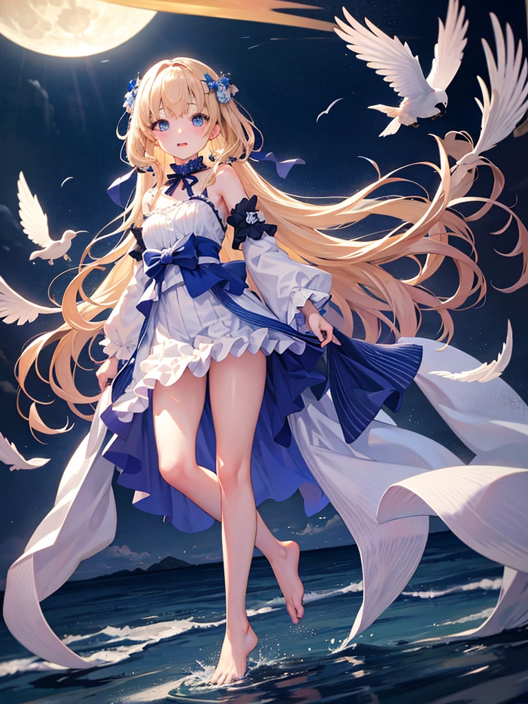 One girl, Fairy、Blonde, Hair blowing in the wind, His heterochromatic eyes sparkle with excitement、Cute smile、Immature body、Four iridescent wings on the back、Wrap your body in a long, thin, light green sheet.、Moonlight flickers on the lakeside、Flying in the air、Creating ripples by placing your feet on the lake surface、The one and only dancer、