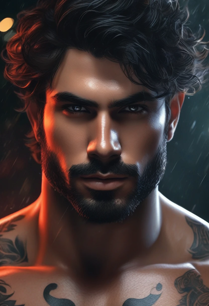 ~*~Breathtaking~*~ Cinematic realistic close-up shot in a movie scene, vibrant and highly detailed cores presented in cinemascope, creating a moody atmosphere. head close-up, front camera, handsome man, ritualistic (neck tattoo: 1.3), (incredibly detailed: 1.5), ((Alone)), Illustrated, hand-drawn, full-color movie poster of a masculine man, 28 years old, ruddy skin, stocky physique, soft belly, slightly chubby, deep brown eyes, wide bulbous nose, full lips, black hair, curly hair, eyebrows thick and bushy, extremely hairy ?????, stomach and arms, lots of body hair, hard shadows, graphite shading, stencil markings, airbrushed acrylic paint, masterpiece,muscular man, in ?????????, ((full body: 1.7)), (short black hair: 1.1), (muscular), by Jeremy Mann, by Sandra Chevier, by maciej kuciara, smoke and shadow, night, Sharp, ((Perfect body)), realistic, real shadow, 3d, ((full body)), ((dark and gloomy universe)), (by Michelangelo), glamorous photo of man (close up: 1.5), 1 man, chubby man with ????? and arm tattoos, fantasy male portrait, beautiful realistic full body part, tattooed man, shirtless :: high detail, blessed waters wlop style, ma demon fit, hyperrealistic rendering, photorealistic art style, hyperrealistic 3D rendering, detailed full body part, man artstation aesthetic, realistic face and body, masterpiece, award -winning photography, handsome male, boy, light beard, red brown hair, green eyes, short hair, masculine facial features. confident, background with neon, utopian city, Surrealism, Minimalism, cinematic style, drop shadow, film grain, 1080P, anatomically correct, photographed by famous photographer in CANON 5D MARK, detailed skin with all raw details - ar 4:6 --q 2 - -s 750 --v 58k, 4k, by the sea in complete darkness and appears alone. , (ruined: 1.5), (best quality: 1.5), (masterpiece: 1.5), (best quality, 4k, 8k, high resolution, masterpiece: 1, 2), ultra detailed , (realistic, photorealistic, photorealistic: 1.37) , colorful, brushstrokes, sculp