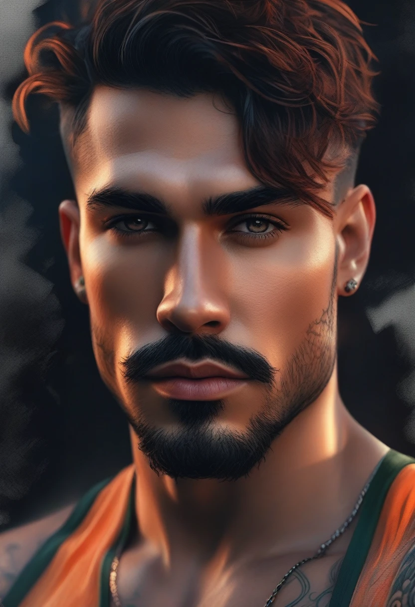 ~*~Breathtaking~*~ Cinematic realistic close-up shot in a movie scene, vibrant and highly detailed cores presented in cinemascope, creating a moody atmosphere. head close-up, front camera, handsome man, ritualistic (neck tattoo: 1.3), (incredibly detailed: 1.5), ((Alone)), Illustrated, hand-drawn, full-color movie poster of a masculine man, 28 years old, ruddy skin, stocky physique, soft belly, slightly chubby, deep brown eyes, wide bulbous nose, full lips, black hair, curly hair, eyebrows thick and bushy, extremely hairy chest, stomach and arms, lots of body hair, hard shadows, graphite shading, stencil markings, airbrushed acrylic paint, masterpiece,muscular man, in underwear, ((full body: 1.7)), (short black hair: 1.1), (muscular), by Jeremy Mann, by Sandra Chevier, by maciej kuciara, smoke and shadow, night, Sharp, ((Perfect body)), realistic, real shadow, 3d, ((full body)), ((dark and gloomy universe)), (by Michelangelo), glamorous photo of man (close up: 1.5), 1 man, chubby man with chest and arm tattoos, fantasy male portrait, beautiful realistic full body part, tattooed man, shirtless :: high detail, blessed waters wlop style, ma demon fit, hyperrealistic rendering, photorealistic art style, hyperrealistic 3D rendering, detailed full body part, man artstation aesthetic, realistic face and body, masterpiece, award -winning photography, handsome male, boy, light beard, red brown hair, green eyes, short hair, masculine facial features. confident, background with neon, utopian city, Surrealism, Minimalism, cinematic style, drop shadow, film grain, 1080P, anatomically correct, photographed by famous photographer in CANON 5D MARK, detailed skin with all raw details - ar 4:6 --q 2 - -s 750 --v 58k, 4k, by the sea in complete darkness and appears alone. , (ruined: 1.5), (best quality: 1.5), (masterpiece: 1.5), (best quality, 4k, 8k, high resolution, masterpiece: 1, 2), ultra detailed , (realistic, photorealistic, photorealistic: 1.37) , colorful, brushstrokes, sculp