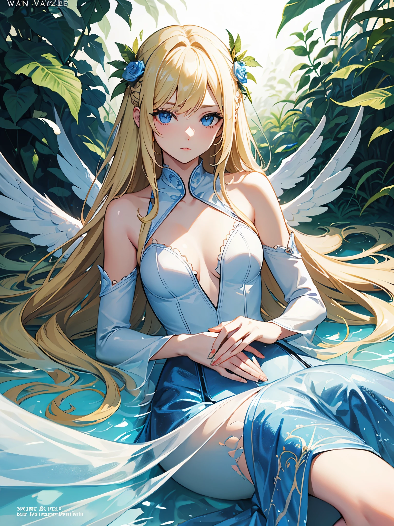 Cover magazine, woman, solo, long hair, blonde hair, blue eyes, model, beautiful, half body potrait, fantasy, ice. Vegetation. Angel wings.