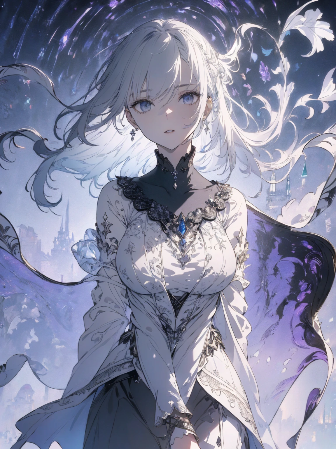 (Landscape photo, with a woman in the bottom right of photo:1.5, gray white background:1.5, fantasy), Masterpiece, best quality, (very detailed CG unity 8k wallpaper), (best quality), High definition RAW color art, Animation,sculptures, white Skin, (((Ultra detailed elegant))), Magical atmosphere, Detailed skin, Texture,(Intricately detailed, Fine detail, ultra-detail art), Silky Touch, Hyper Detail, beautiful eyes, elegant face, (upper body focus), silver hair, The wind is blowing, portrait, bracelet, pastel purple, enormous breast, gray clothing, Long Bangs, profile, Jersey