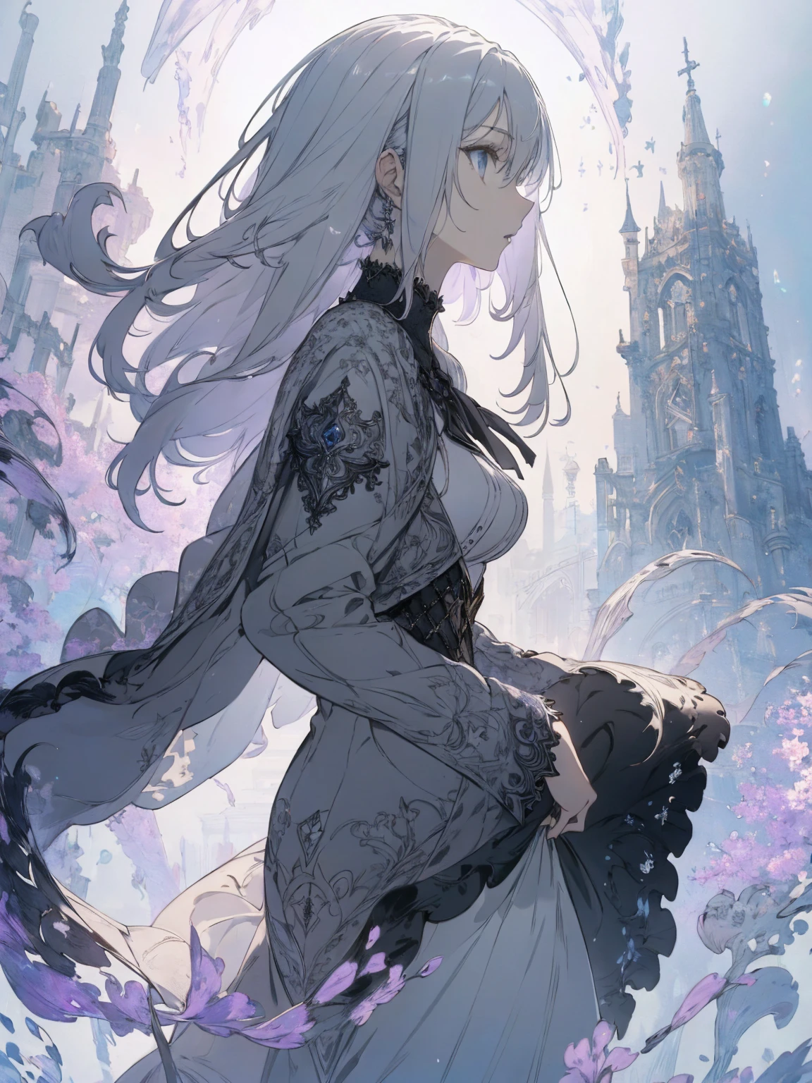 (Landscape photo, with a woman in the bottom right of photo:1.5, gray white background:1.5, fantasy), Masterpiece, best quality, (very detailed CG unity 8k wallpaper), (best quality), High definition RAW color art, Animation,sculptures, white Skin, (((Ultra detailed elegant))), Magical atmosphere, Detailed skin, Texture,(Intricately detailed, Fine detail, ultra-detail art), Silky Touch, Hyper Detail, beautiful eyes, elegant face, (upper body focus), silver hair, The wind is blowing, portrait, bracelet, pastel purple, enormous breast, gray clothing, Long Bangs, profile, Jersey
