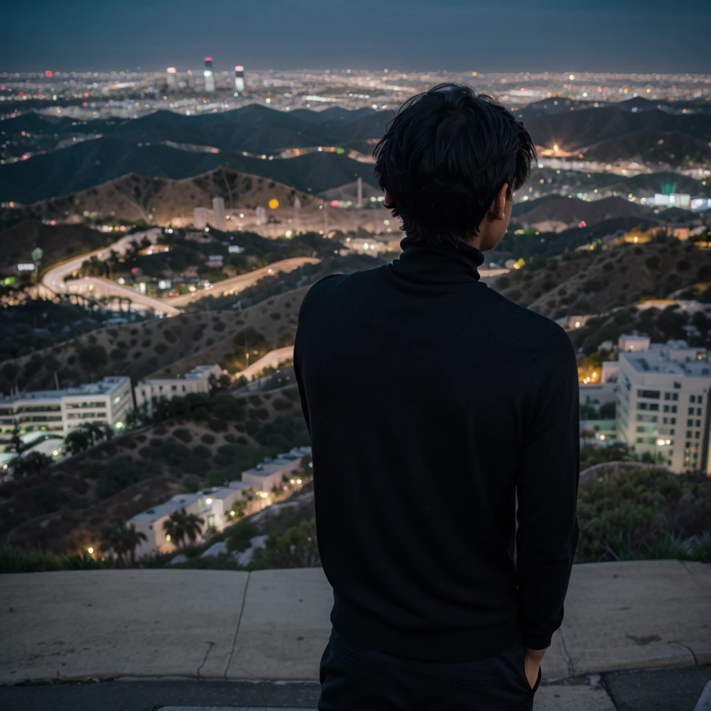 a boy with messy black hair facing his back wearing a black turtleneck on top of the mountain overlooking Hollywood at night