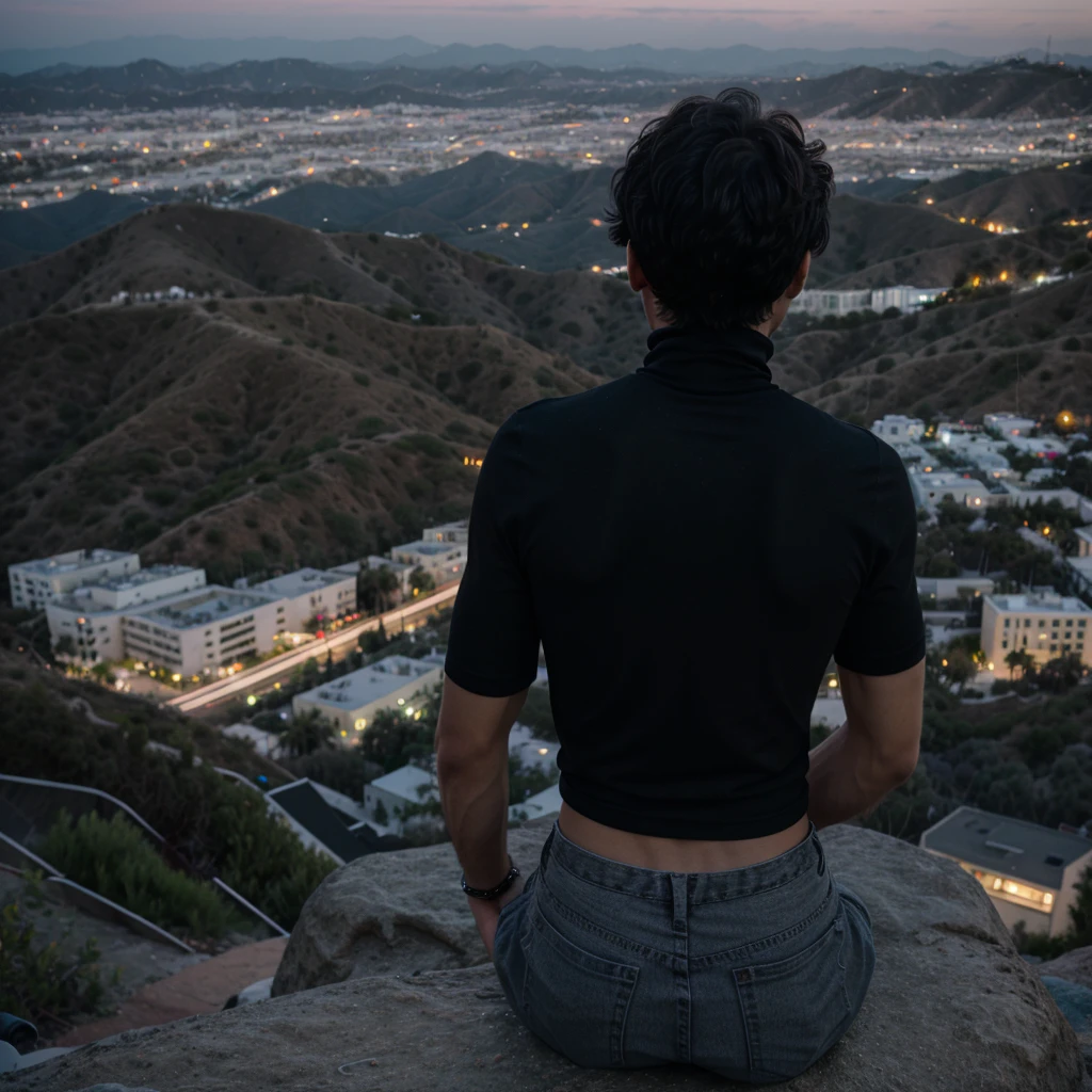 a boy with messy black hair facing his back wearing a black turtleneck on top of the mountain overlooking Hollywood at night 