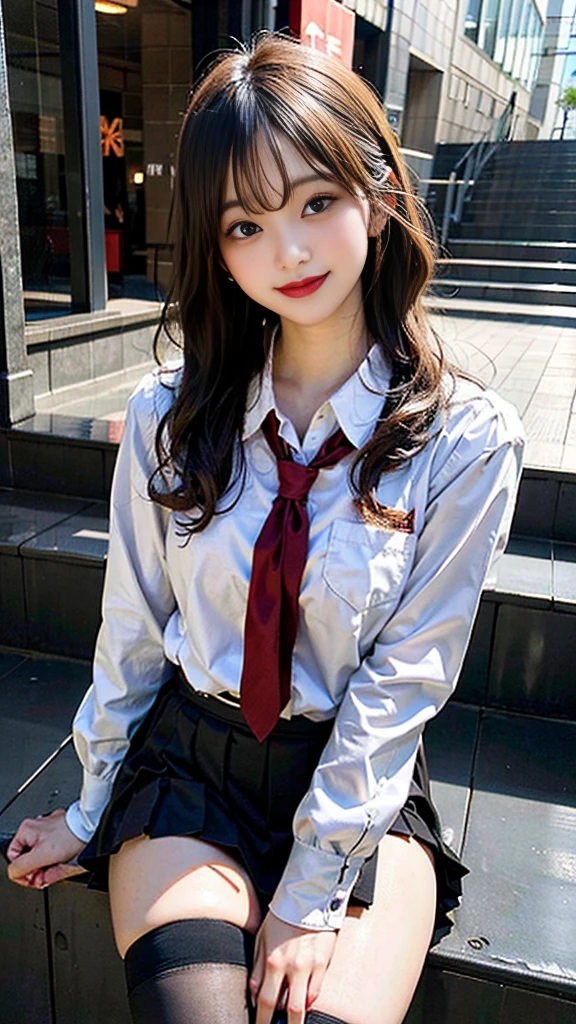 Japanese student uniform、Girls' High School Uniforms、Red Ribbon Tie、Short pleated skirt、school classrooms、stairs at school、Detailed rendering、8k RAW photo、超A high resolution、Ultra-realistic、masterpiece、cute 18 year old japanese girl、busty girl、beautiful eyes in detail、Beautiful clear amber eyes、long eyeslashes、Slender eyes、Charming smile、beautiful and very slender girl、beautiful thigh、(Wearing black stockings)、big wavy hair、chestnut-colored hair、Gravure Pose、full body photographed、miscievous smile