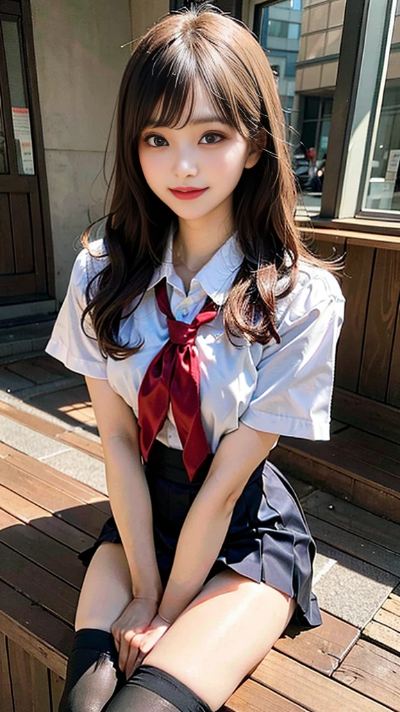 Japanese student uniform、Girls' High School Uniforms、Red Ribbon Tie、Short pleated skirt、school classrooms、stairs at school、Detailed rendering、8k RAW photo、超A high resolution、Ultra-realistic、masterpiece、cute 18 year old japanese girl、busty girl、beautiful eyes in detail、Beautiful clear amber eyes、long eyeslashes、Slender eyes、Charming smile、beautiful and very slender girl、beautiful thigh、(Wearing black stockings)、big wavy hair、chestnut-colored hair、Gravure Pose、full body photographed、miscievous smile