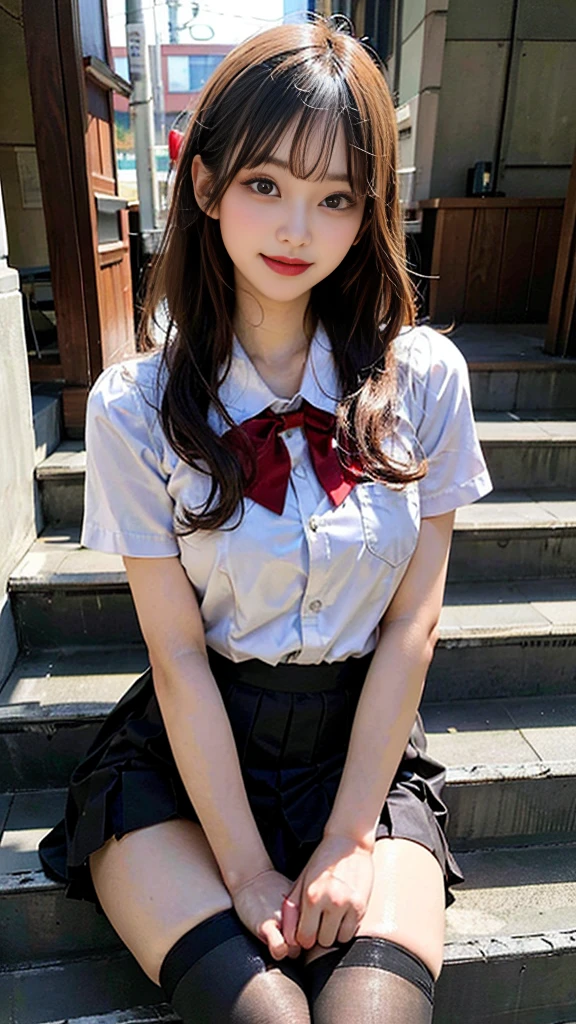 Japanese student uniform、Girls' High School Uniforms、Red Ribbon Tie、Short pleated skirt、school classrooms、stairs at school、Detailed rendering、8k RAW photo、超A high resolution、Ultra-realistic、masterpiece、cute 18 year old japanese girl、busty girl、beautiful eyes in detail、Beautiful clear amber eyes、long eyeslashes、Slender eyes、Charming smile、beautiful and very slender girl、beautiful thigh、(Wearing black stockings)、big wavy hair、chestnut-colored hair、Gravure Pose、full body photographed、miscievous smile