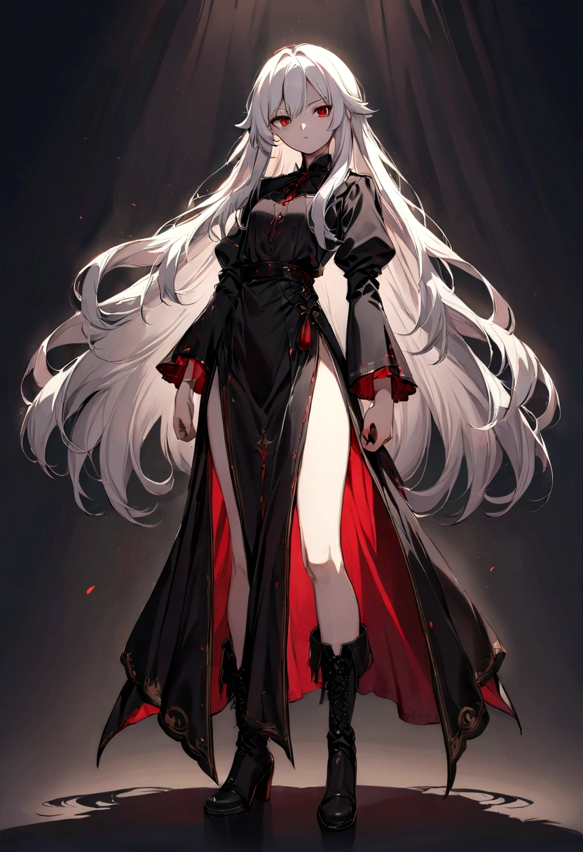 Girl, 20 years old, with long white hair down to below her waist, a serious yet tender expression, and red eyes. Her hair features black streaks. She wears antique-style clothing, a long black dress with a slit on the legs, and high black boots that almost reach her knees. Her power and background are related to shadows and darkness. dark escense, figth stance, detailed