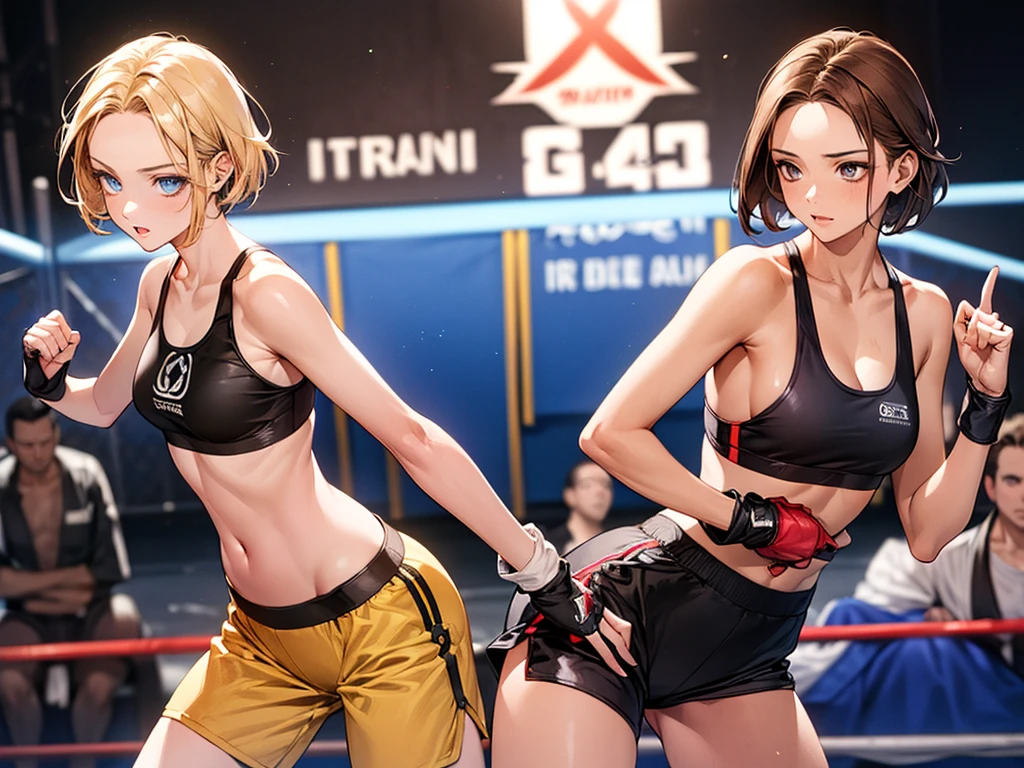 (2woman,A woman with short brown hair and a woman with short blonde hair、During a martial arts match、Brunette woman hits blonde woman:1.7)、((perfect anatomy:1.7,realistic,:1.3,RAW Photography:1.3,masterpiece、highest quality、Ultra - High resolution、High resolution、Highly detailed CG、8K)),cowboy shot,20 year old beauty、female martial arts athlete、beautiful detailed face and eyes,big and gorgeous eyes),dark blue eyes,(blonde hair,center parted bangs,big forehead,short hair),(large breasts,slender body,small head:1.4, toned body, gleaming skin,oily skin,shiny skgin),(Yellow Sports Bra、White sports shorts、yellow open finger gloves)、simple martial arts ring、dim lighting、parking lot、audience、
