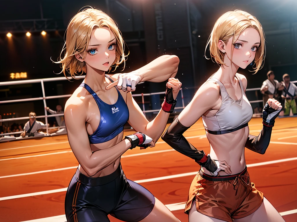 (2woman,A woman with short brown hair and a woman with short blonde hair、During a martial arts match、Brunette woman hits blonde woman:1.7)、((perfect anatomy:1.7,realistic,:1.3,RAW Photography:1.3,masterpiece、highest quality、Ultra - High resolution、High resolution、Highly detailed CG、8K)),cowboy shot,20 year old beauty、female martial arts athlete、beautiful detailed face and eyes,big and gorgeous eyes),dark blue eyes,(blonde hair,center parted bangs,big forehead,short hair),(large breasts,slender body,small head:1.4, toned body, gleaming skin,oily skin,shiny skgin),(Yellow Sports Bra、White sports shorts、yellow open finger gloves)、simple martial arts ring、dim lighting、parking lot、audience、