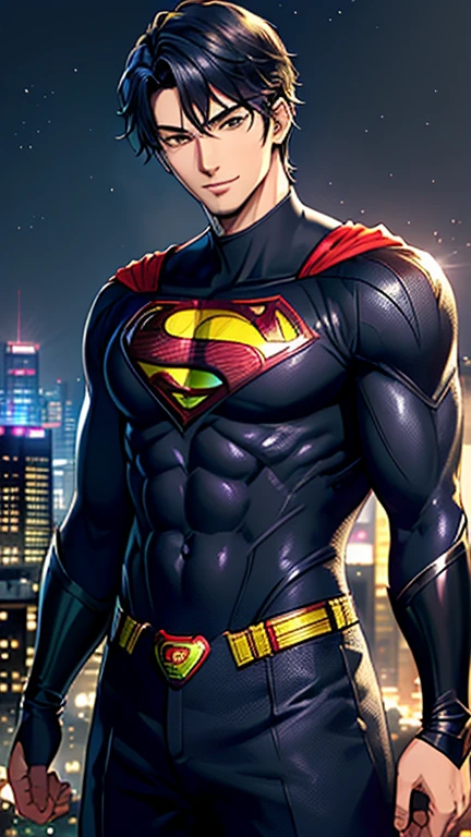 (highest quality, masterpiece, High resolution)、4K Anime Art、(1 handsome Japan man、20-year-old)、(cowboy_shot、Natural standing posture、)、 (Detailed depiction of a handsome face)、Happy smile、large chest、Short Hair、straight cut、 (Superman costume)、(Dark midnight background)、((Gotham City Background))、