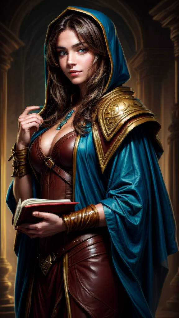 Speed painting of portrait of a fantasy female brunette human adventurer, with a blue hood, in a temple, D&D character, holding a very large leather bound magical book with butterfly on the book cover, slight smile on face.