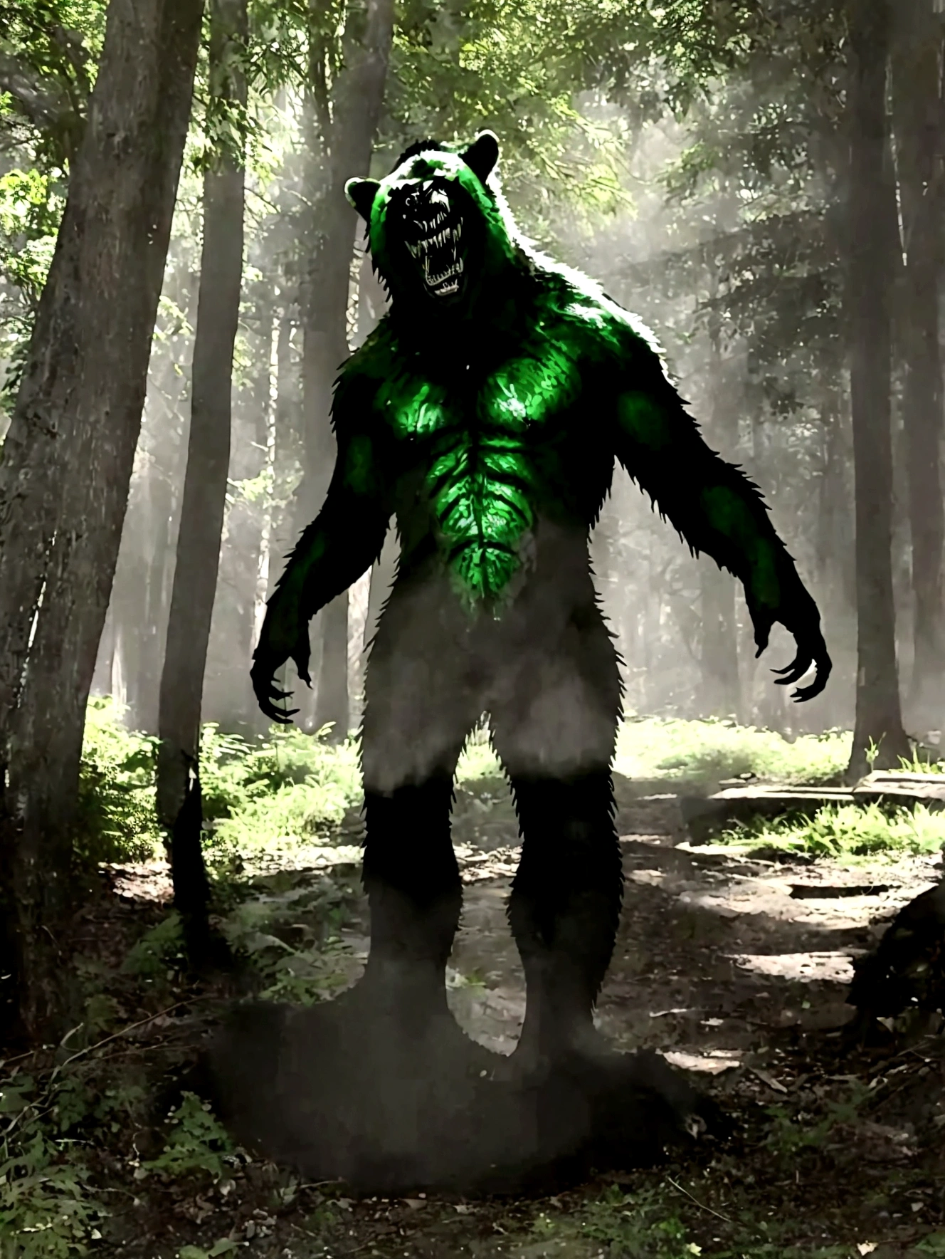 Body length: 10 meters,Super-sized beast,Bear-like appearance,Appearance: dark green scales,Sharp Fangs,danger,violent,Deep in the forest,Attacking a person,