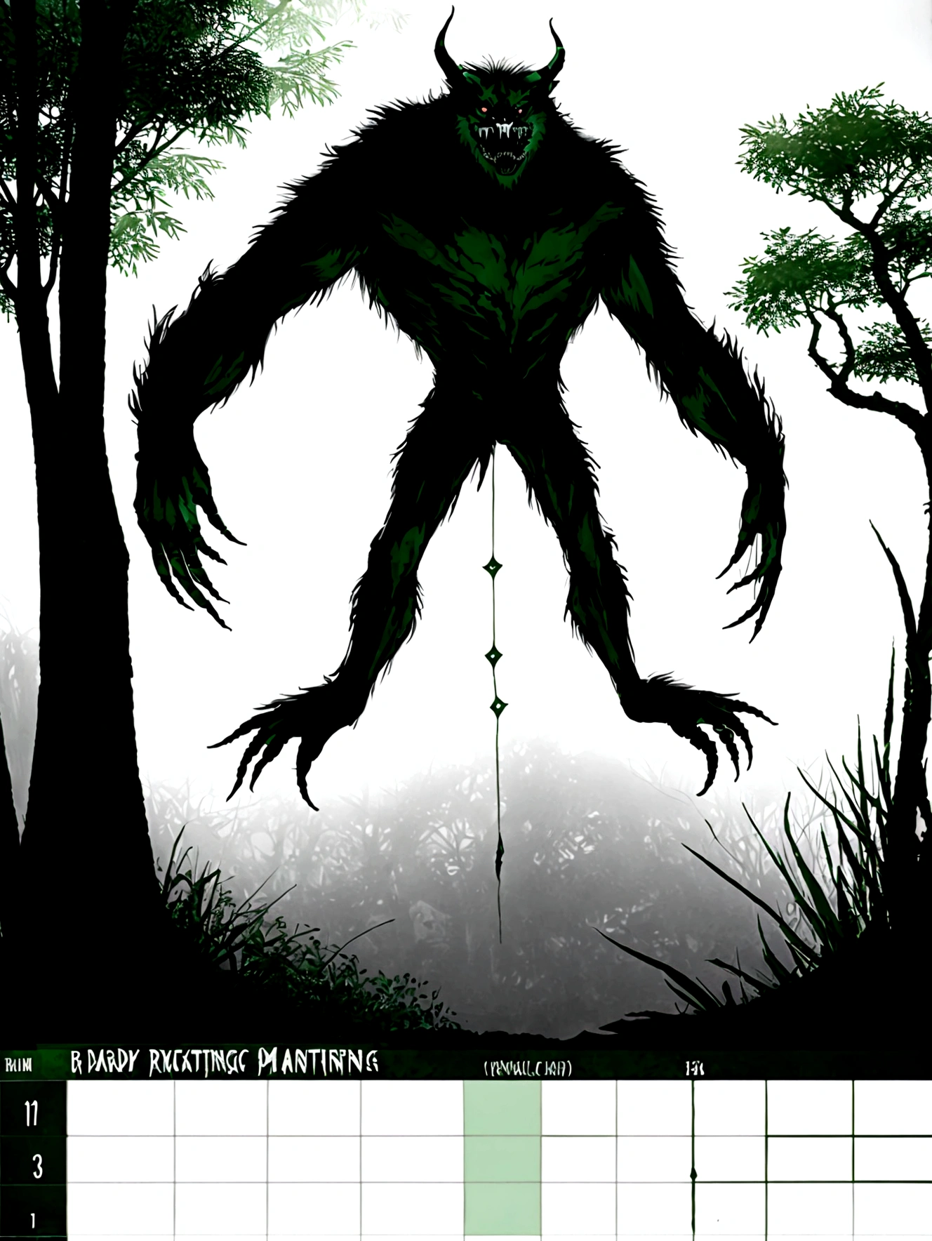Body length: 10 meters,Super-sized beast,Bear-like appearance,Appearance: dark green scales,Sharp Fangs,danger,violent,Deep in the forest,Attacking a person,