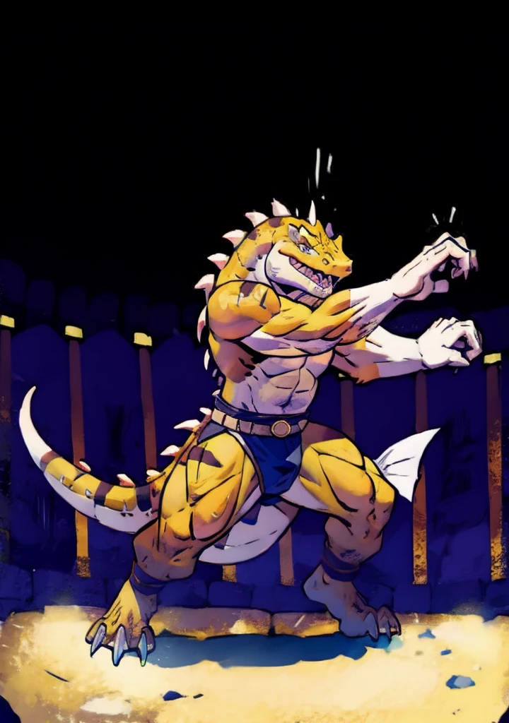 A lizardman with a fish helmet duels in the arena