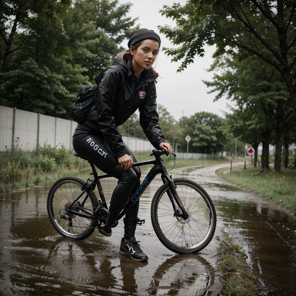Young woman rides her racing bike quickly in the pouring rain over a path full of muddy puddles, schlammiges Wasser spritzt hoch, sie ist schon nass und schmutzig