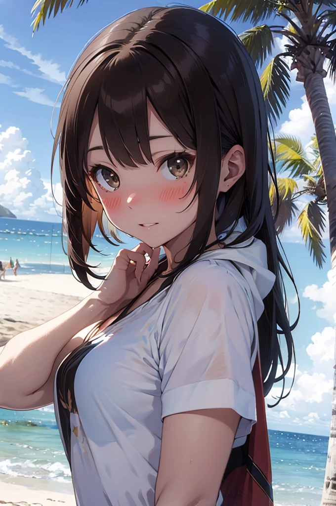 masterpiece, rich colors, Best quality, detailed, high resolution, Hyper quality, high detail, , High quality, detailing, skinny sexy girl on the beach , bright lighting , Brown eyes, anime, palm trees, bright lighting,