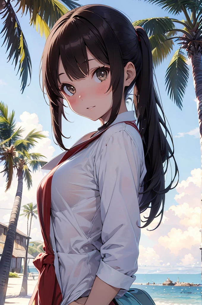 masterpiece, rich colors, Best quality, detailed, high resolution, Hyper quality, high detail, , High quality, detailing, skinny sexy girl on the beach , bright lighting , Brown eyes, anime, palm trees, bright lighting,
