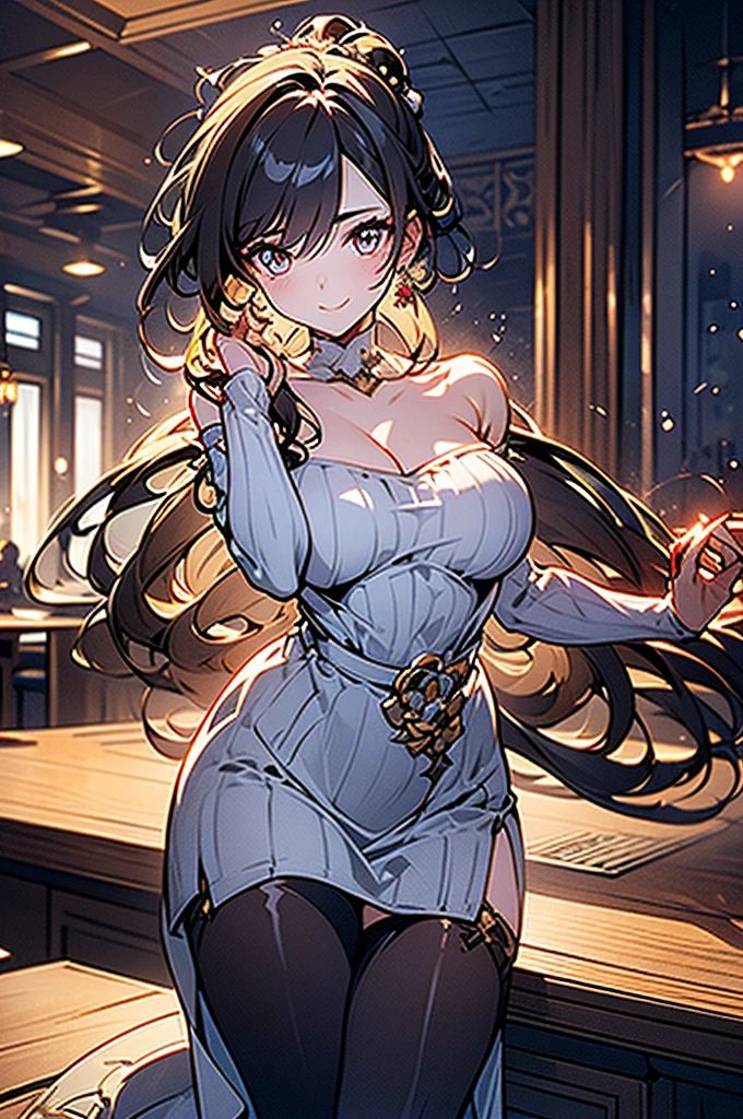 (((Masterpiece))),(((Super Detail))),(((in 8K))),(((best composition))),(((Rim lighting,Fireglow effect,deep shadow))),solo),Beautiful fingers,Detailed finger features,(Detailed hair features:1.7),(Dynamic and sexy bending pose:1.3),detailed facial features,detailed clothes features, (perky chest:1.1), (pointed chest:1.3), delicate beautiful face, Bright blue eyes, cute eyes, sparkling eyes, Big eyes, beautiful detailed eyes,double bun with glittering hair ornament:0.6,(super detailed glossy skin:1.3),slender body,goddess smile,((with sparkling eyes and a contagious smile)),beautiful posture,have a cup of coffee,black hair, red eyes, dress, bare shoulders, jewelry, collarbone, sidelocks, hairband, earrings, indoors, off shoulder, sweater, arms behind back, plant, short hair with long locks, white hairband, off-shoulder dress, sweater dress, off-shoulder sweater, red sweater, big side hair, very long side hair,(super delicate floral pattern:1.2),seductive cleavage:1.3,beautiful glossy legs,shiny red high heels,lifting dishes with cakesd,french restaurant,hustle and bustle,rising steam,(((depth of fields)))