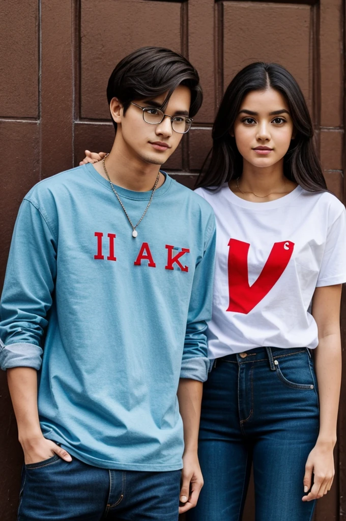 Couple wearing same shirt , the man's shirt has letter '' S " , and the girl's shirt has letter " I " .