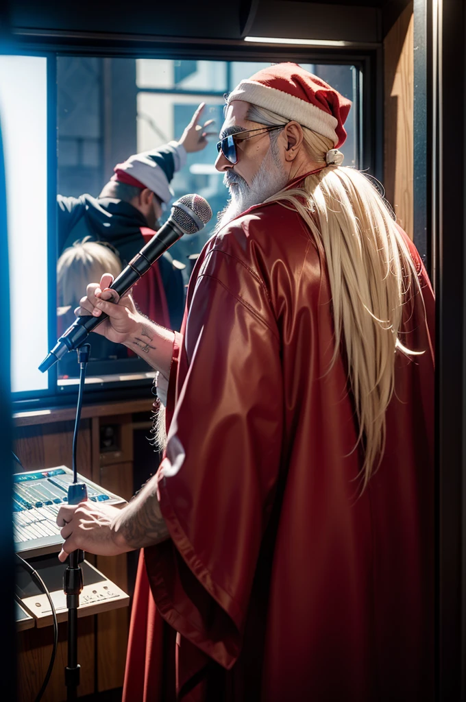 Old Wizard wearing a Red Wizard outfit and wearing sunglasses and rocking a wicked white beard in the recording studio, rapping into a hanging microphone, recording studio for music , soundproof walls, 4k , high quality , camera shot from behind glass in the tech room of the studio
