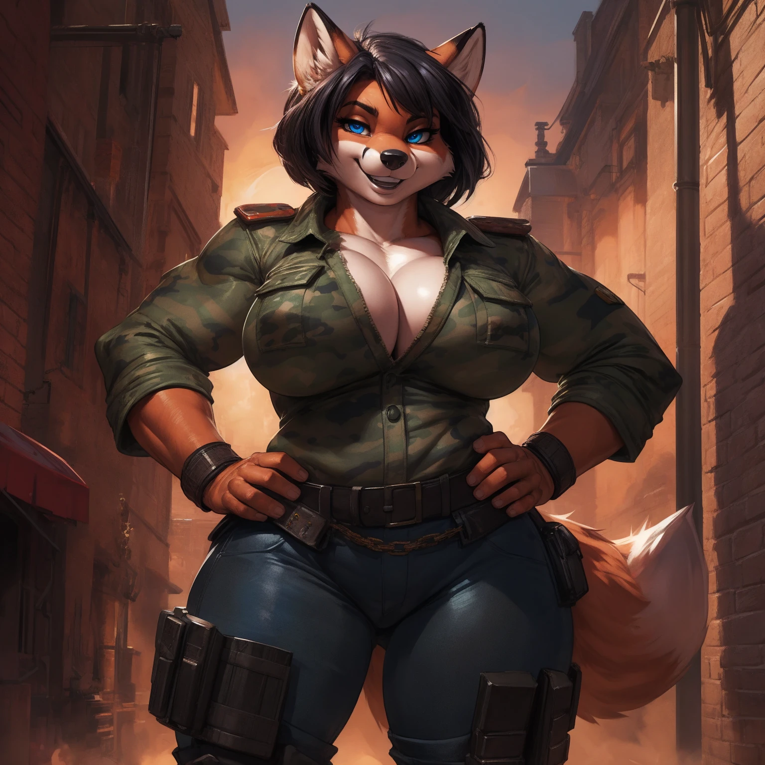 solo, 1girl, red fox, vixen, female, broad shoulders, stocky build, buff, muscular, large breasts, nipple outline, short hair, black hair, blue eyes, highly detailed eyes, Amazon, powerful figure, dressed in military fatigues, urban camo style, sleeves rolled up, hands on hips, combat boots, pleasant smile, looking at viewer, by darkgem, by kevinsano, by BNG,
