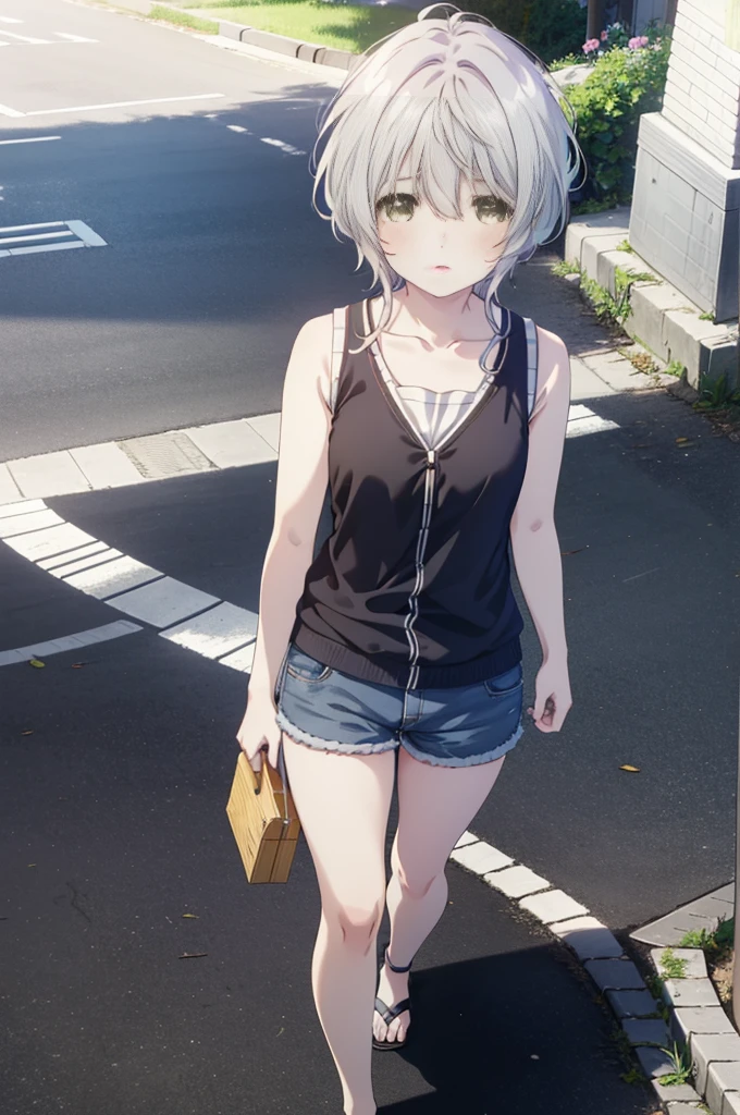 fuukakikuchi, fuuka kikuchi, 1Girl Girl,short hair, bangs, Hair between the eyes, (Green Eyes:1.3), Gray Hair,Black cardigan Front open,smile,blush,White vest,Red Tank Top,Shorts,Cute Sandals,whole bodyがイラストに入るように,Daytime,Clear skies,walking,
break outdoors, 海岸通り
break looking at viewer,whole body,Upper Body,
break (masterpiece:1.2), highest quality, High resolution, unity 8k wallpaper, (shape:0.8), (Fine and beautiful eyes:1.6), Highly detailed face, Perfect lighting, Highly detailed CG, (Perfect hands, Perfect Anatomy),